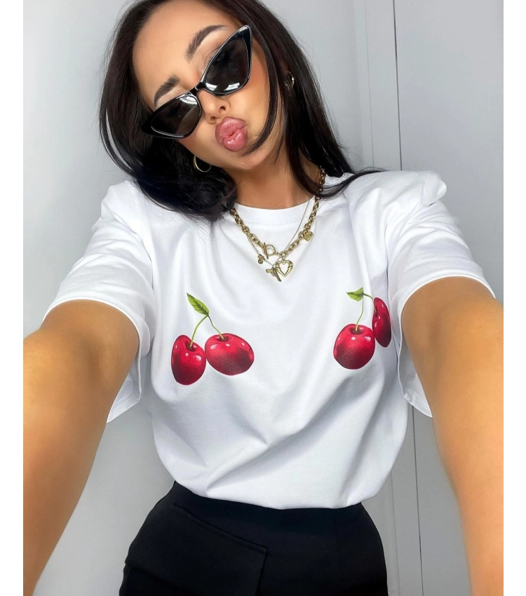 biały damski t-shirt wisienki print